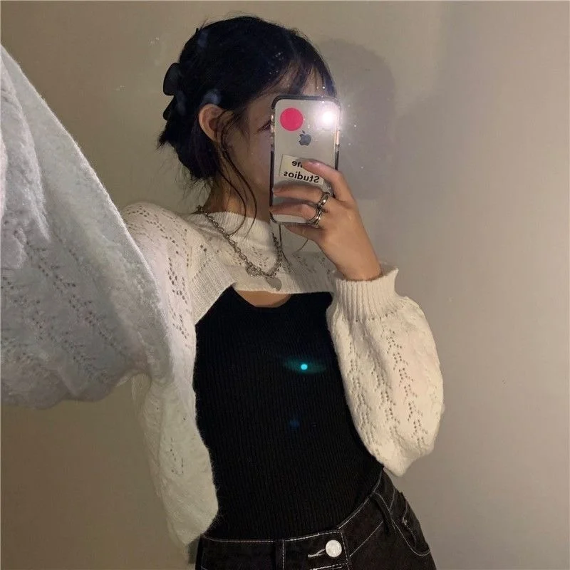 Women Shrugs Solid White Black Hollow Out Knitted Pullover Students All-match Fashion Long Sleeve Loose Crop Tops Korean Style