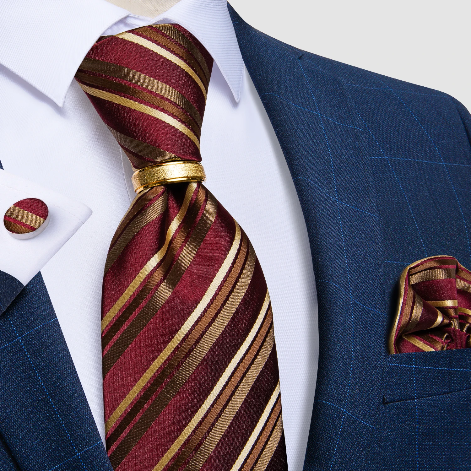 Gold Striped Red Men's Ties Business Wedding Neck Tie Pocket Square Cufflinks Tie Ring Men's Gift Gravata DiBanGu