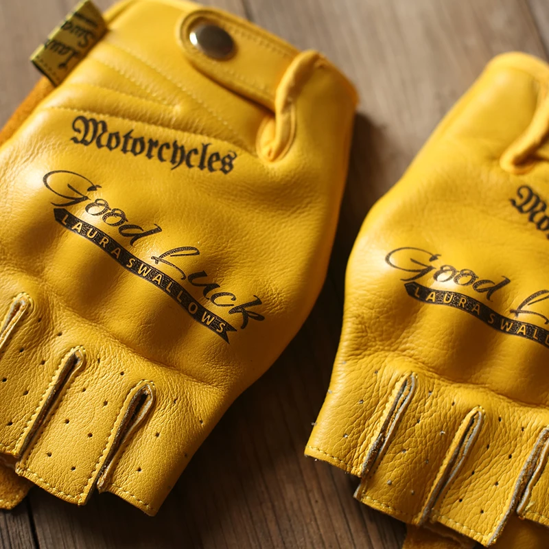 Professional Motorcycle Half-finger Gloves for Men and Women, Yellow Top Layer, Cowhide, Breathable Cycling, MTB, Road, Shooting