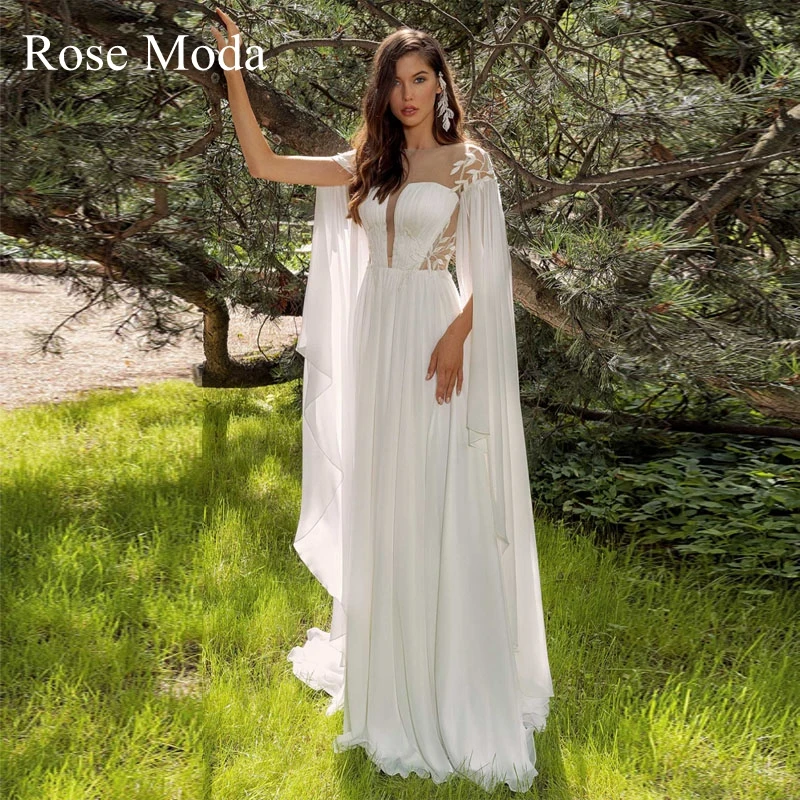 Rose Moda Griekse Lange Mouwen Backless Boho Trouwjurk Strand Bruidsjurk Custom Maken