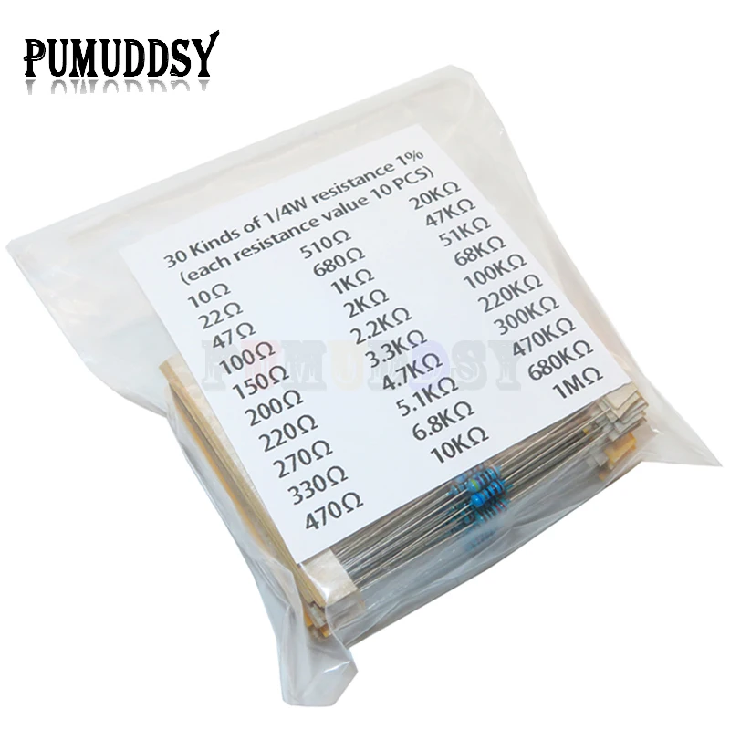 600 unids/set 30 tipos 1/4W resistencia 1% paquete de resistencias de película metálica Kit surtido 1K 10K 100K 220ohm 1M resistencias 300 unids/set