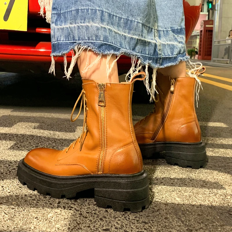 

Boots Shoes Woman British Style Retro Thick Soled Square Heels Motorcycle Boots 2023 Autumn Winter Short Boot Botas Mujer