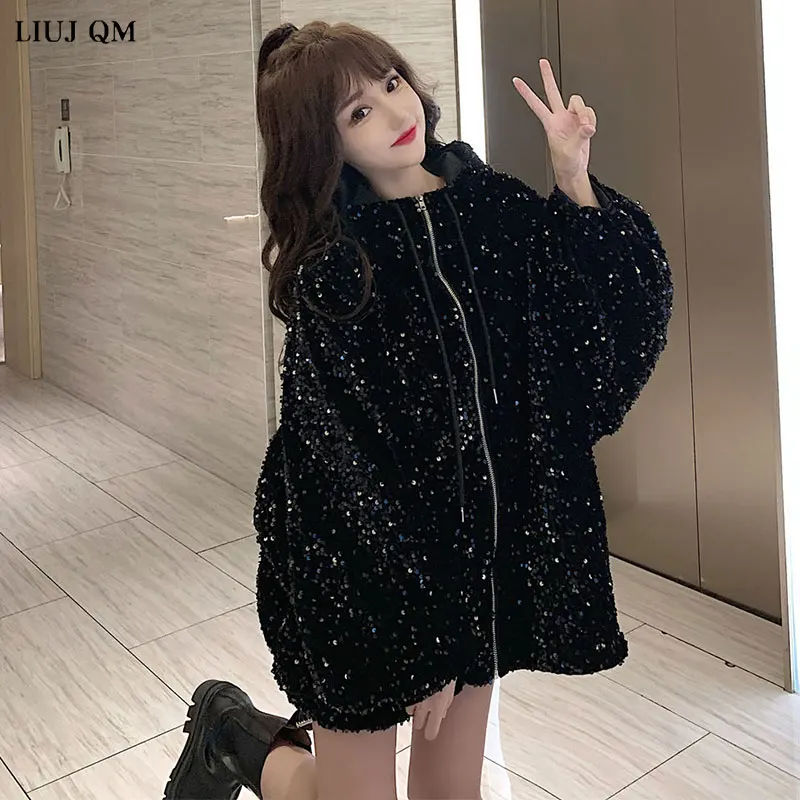 2022 Winter Jacket Women New Korean Style Hooded Sequins Padded Coat Women Loose Add Cotton To Thicken Female Jacket