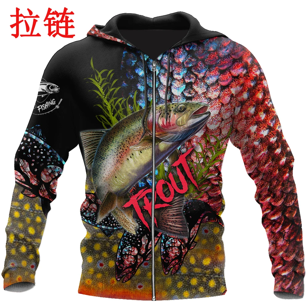 Brand Hoodie Trout-Salmon Fishing Skin camo 3D Printed Mens Zip Up Hoodie Harajuku Streetwear Unisex Casual Tracksuits KJ0157