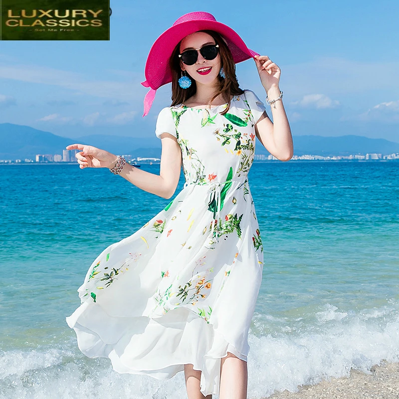 

Dress Summer White Beach Women Elegant Long Party Dress Print Floral Dresses Slim Ladies Office Wear Vestidos LWL1560