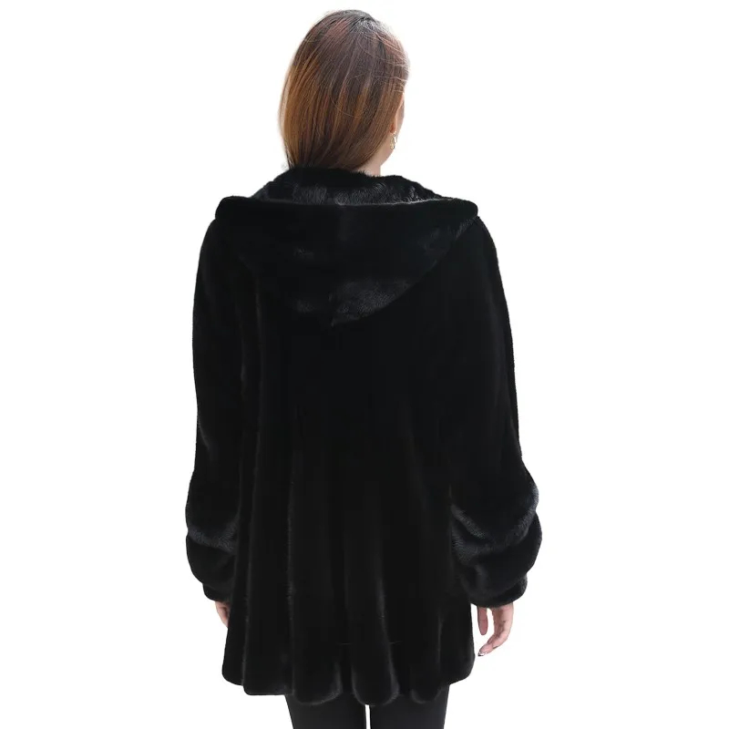 Luxury Genuine Wholeskin Mink Fur Coat With Hoody Autumn Winter Women Outerwear Plus Size 4XL LF2207