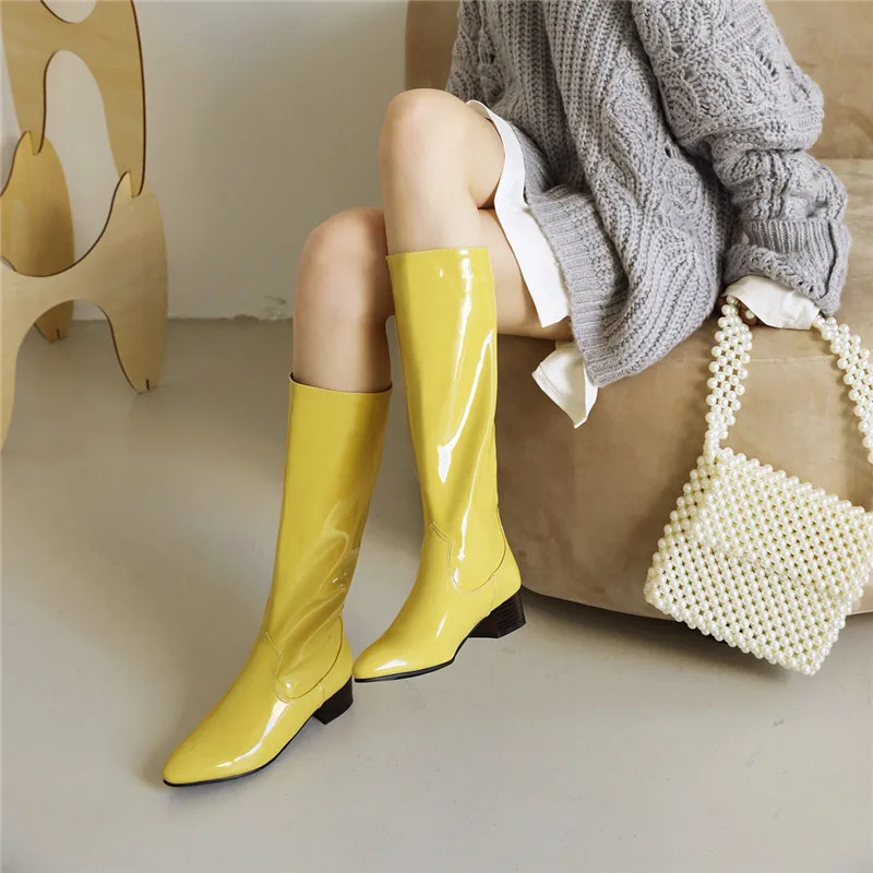 YMECHIC Plus Size 34-43 Concise Patent Leather Mid-calf Boots for Women Shoes Blue Yellow Black Red Green Winter 2021 Long Botas