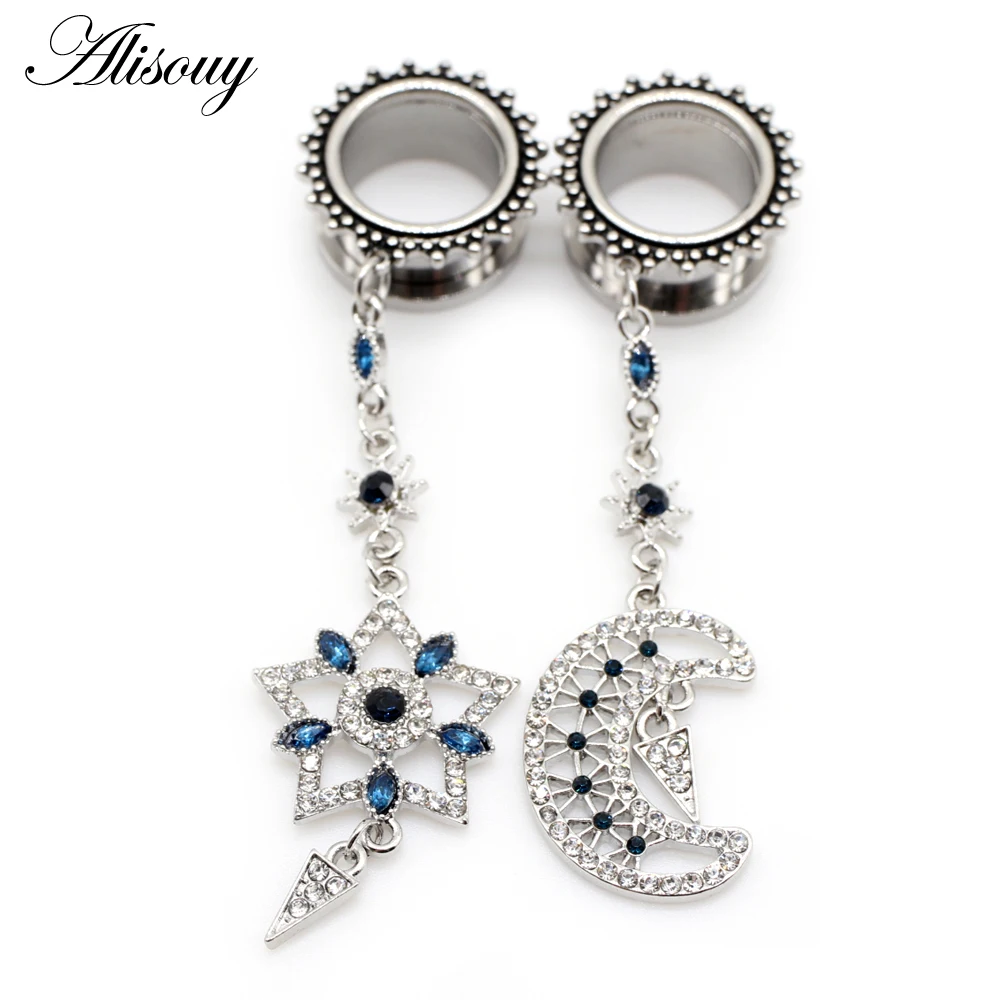 Alisouy 2pcs Star Moon Pendant Stainless Steel Ear Gauges Plugs Tunnels Expander Flesh Stretched Earrings Piercing Body Jewelry image 2