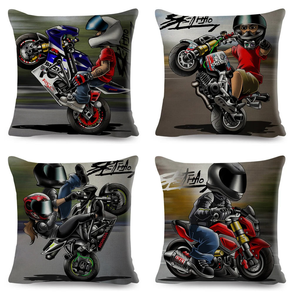 Cartoon Motorcycle Cushion Cover for Sofa Home Car Decorative Colorful Extreme Sport Mobile Bike Pillowcase Pillow Case 45x45cm