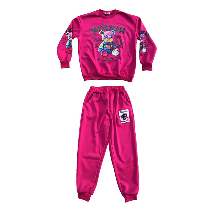 Winter Diamond Cartoon Bear Thicker Tracksuit Women Two Piece Sets,Sweatshirt and Elastic Waist Pants,Rose Red,Black Sportwear