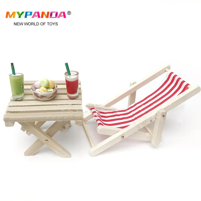 1:12 Mini Foldable Striped Wooded Beach Chair Recliner Sunbathing Chair Chaise Lounge Chair Dollhouse Furniture 