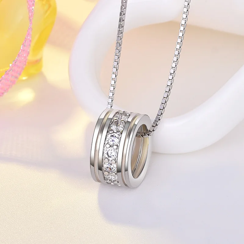 New Fashion 925 Sterling Silver Rotatable Round Zircon Pendant Neckalces Women Jewelry Elegant Rose Gold Chain Rhinestone Choker