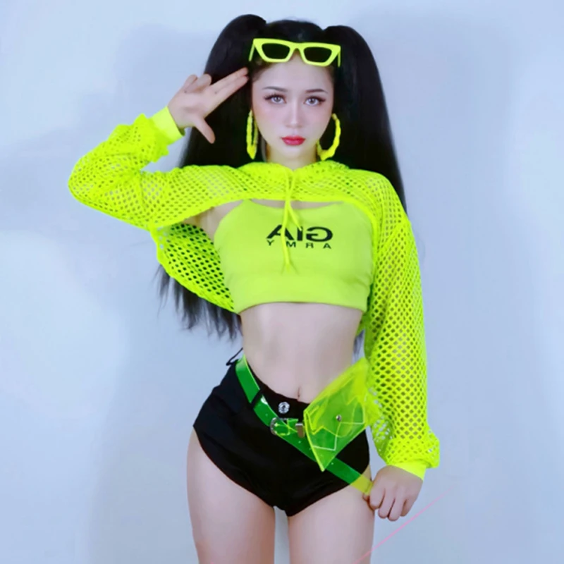 Fluorescence Green Net Tops Vest Jazz Hip-Hop Dance Clothes For Women Nightclub Dj Show Costumes Gogo Dancer Outfits DNV15341