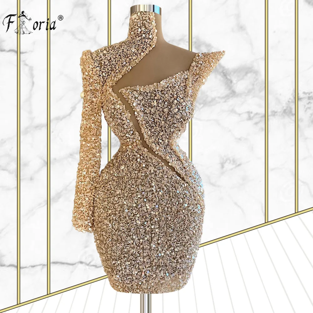 High Neck One Shoulder Long Sleeve Cocktail Dresses 2021 Luxury Beaded Sequined African Women Champagne Homecoming Dress Short