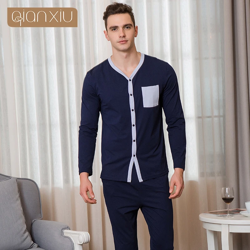 Men\'s Spring Autumn Cotton Dark Blue Pajamas Crew neck Long Sleeve Suit Home Suit Men\'s Pajamas Cardian  Sleepwear Nightgown