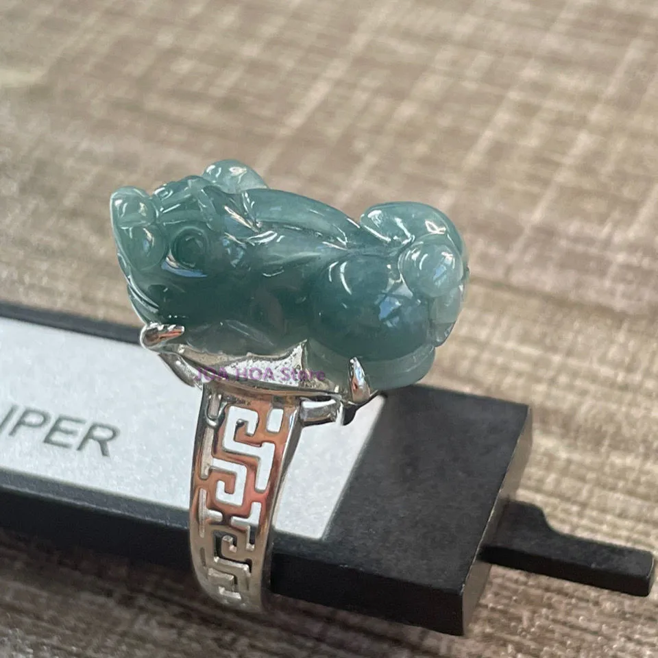 S925 Silver Inlaid Jade HandRing Natural Oil Cyanblue Ring Handcarved China Beast Pixiu Exquisite Jewelry Perfect Holiday Gift