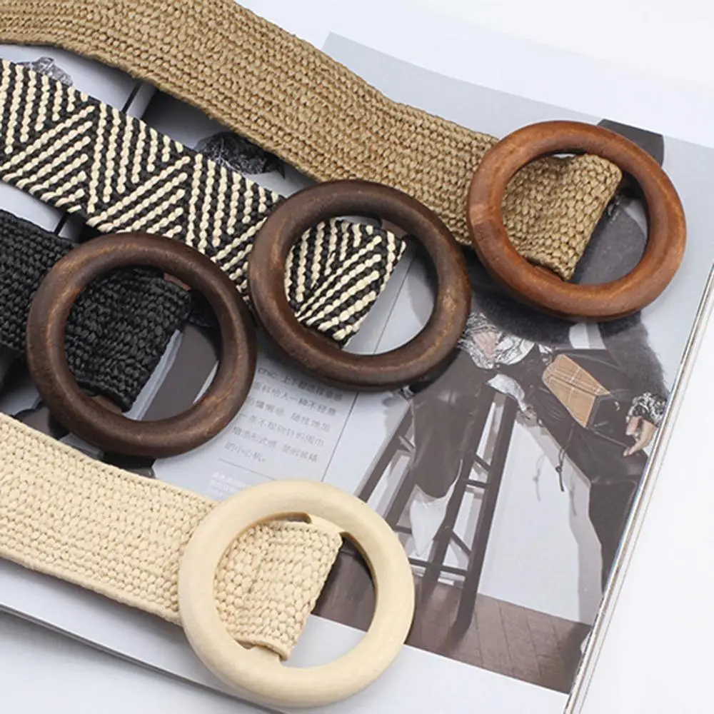 Vintage Boho Braided Waist Belt Round Wooden Buckle Belts for Women Smooth Round Buckle Wide Belt Woven Straw Female Belt