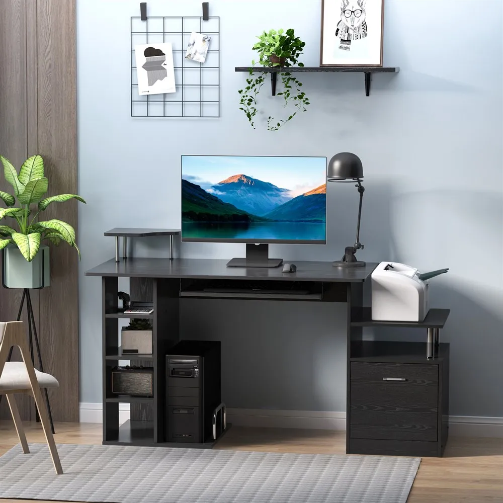 HOMCOM Mesa de Ordenador con 6 Estantes Cajón Bandeja 152x60x88 cm Negro