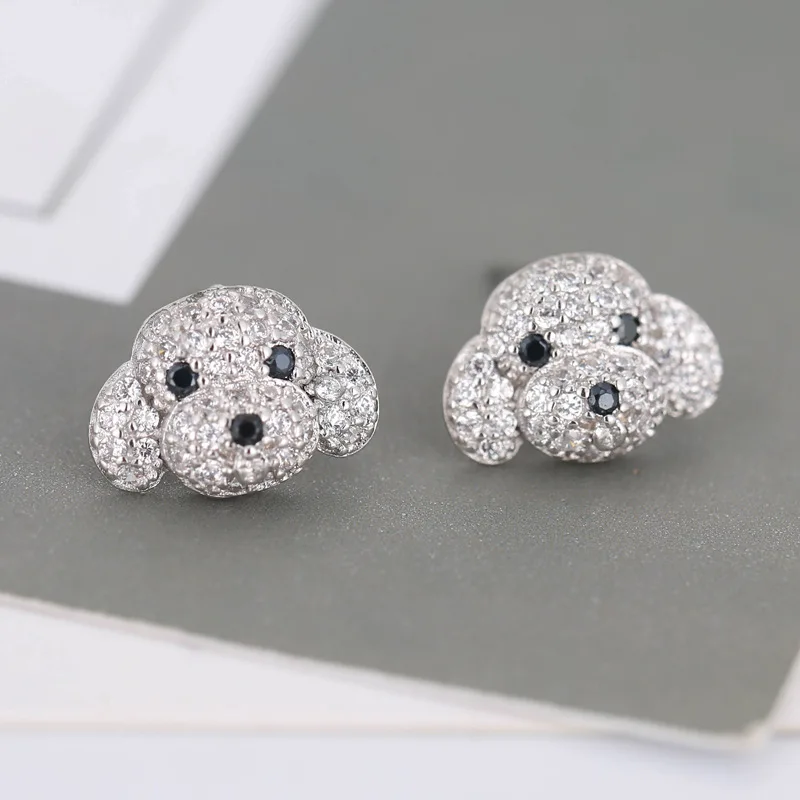 100% 925 Sterling Silver Crystal Cut Dog Stud Earrings for Women Party Gift Jewelry pendientes boucle d oreille