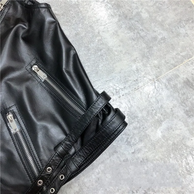 Luxury Sheepskin Biker Vest Women Street Zipper Punk Sleeveless Jacket OL Style 100% Real Leather Loose Short Waistcoat S-3XL