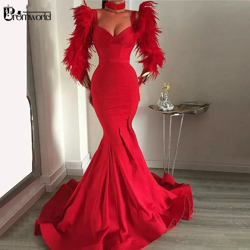 

Red Sexy Dubai Evening Dress 2023 Long Sleeves Feathers Formal Gown Sweetheart Satin Mermaid Party Prom Dresses robe de soiree