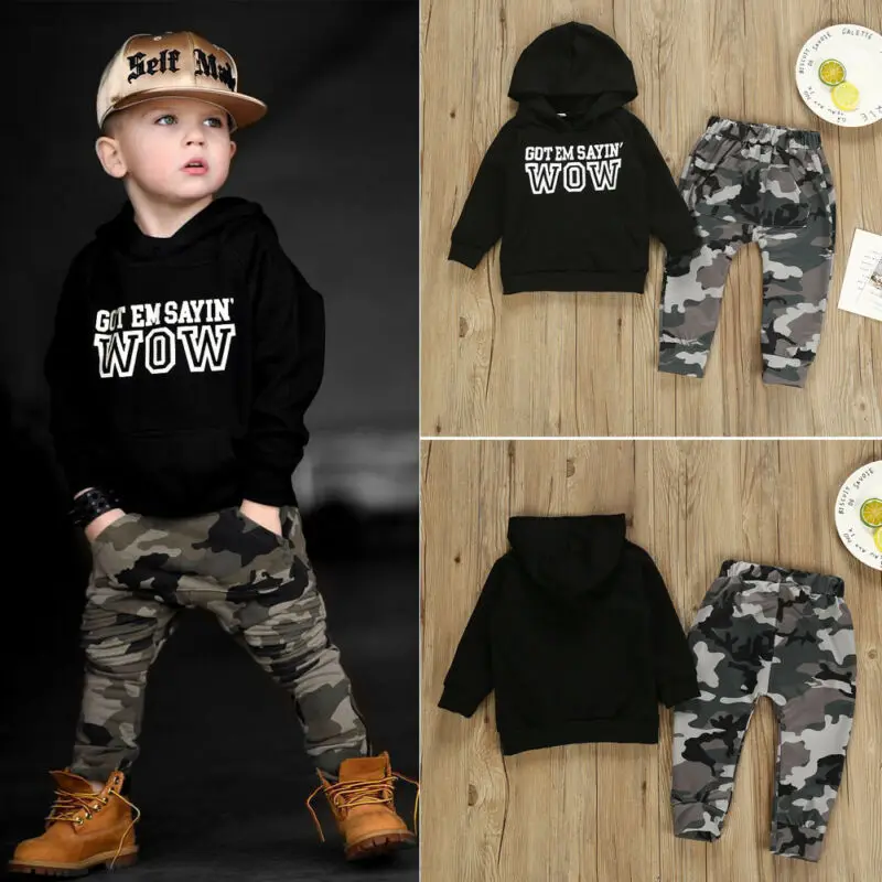 1-6T Boys Clothes Set Black Letter Boys Hooded Sweater Boys Hoodies Tops Camouflage Pants Set Children Boys Outfits