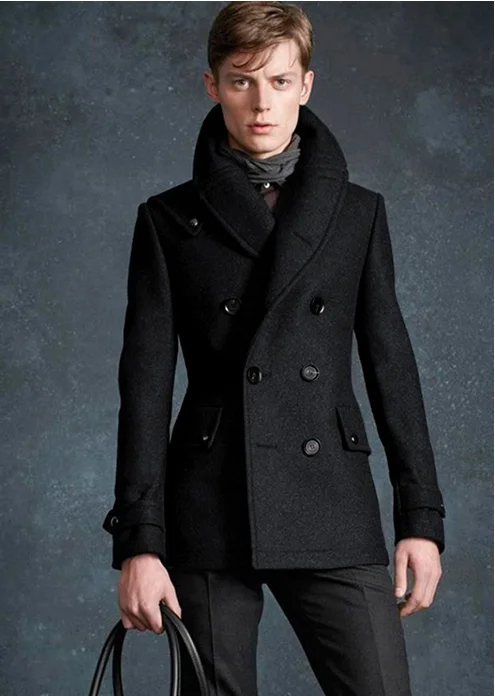 Men\'s woolen coat Paris show handsome military style double row autumn and winter youth mid-length woolen trench coat