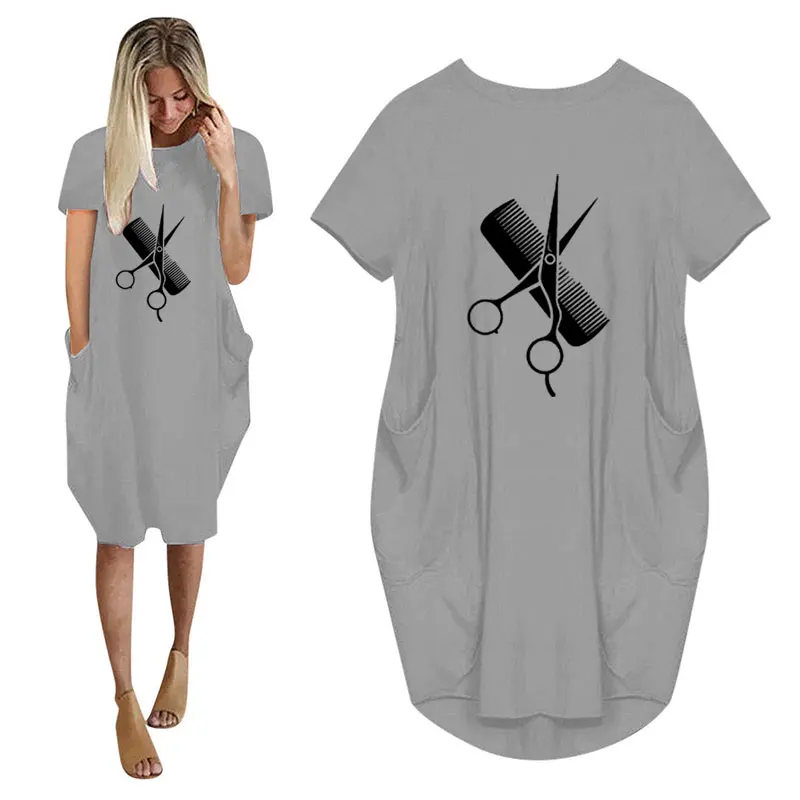 Neue Friseur Stylist Schere Kamm Druck Frauen Casual Lose Kleid Mit Tasche Damen O Neck Lange Tops Weibliche T Hemd kleid