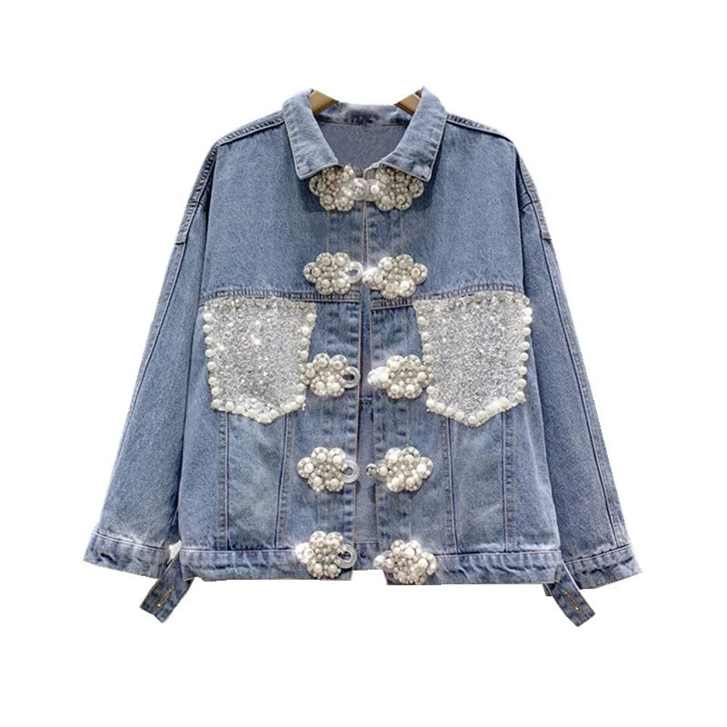 2024 Spring New Denim Jacket Women Heavy Industry Diamond Studded Bead Disc Buckle Loose Jeans Coat Clothes Vintage