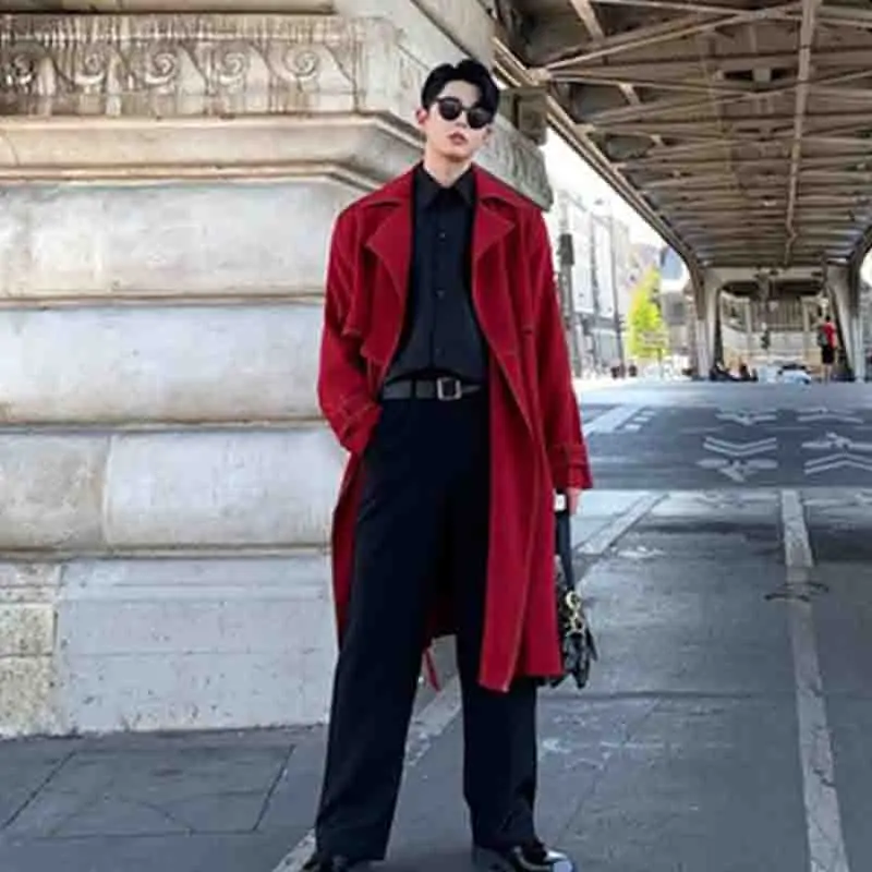 

New style big red windbreaker male bright line wrap edge belt mid-long section autumn winter coat Korea edition temperament