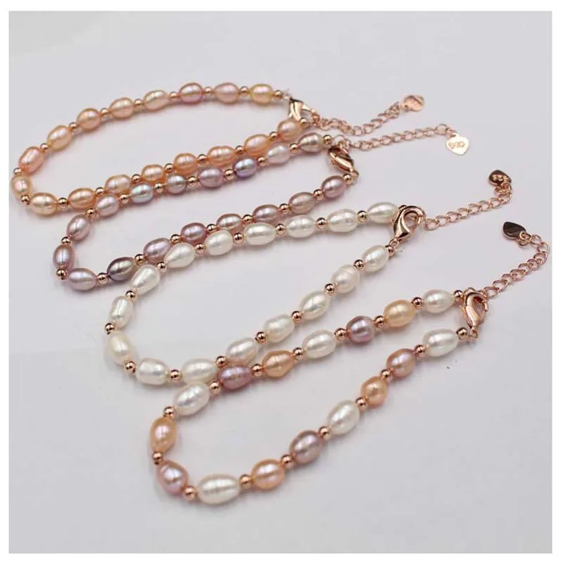 Pulseras de perlas naturales de agua dulce para mujer, brazaletes coloridos de perlas de arroz con cuentas, pulseras de perlas para mamá de boda, venta al por mayor de fábrica