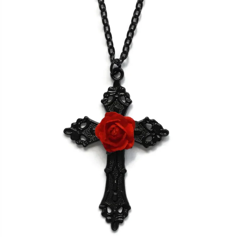 Collar de Cruz Negra con rosa roja, joyería gótica de moda, colgante de Cruz de declaración, regalo romántico de San Valentín, regalo victoriano para mujer