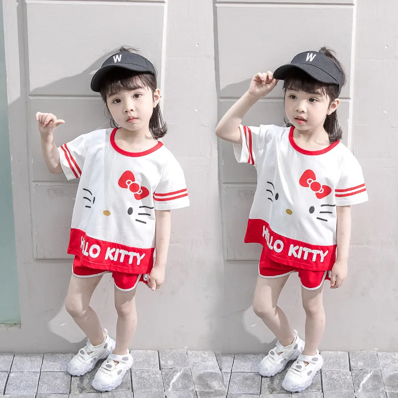 Hello Kitty Girls Summer Cotton Comfortable Short-sleeved Suit Baby Pullover T-shirt Shorts Casual Two-piece Children\'s Clothing