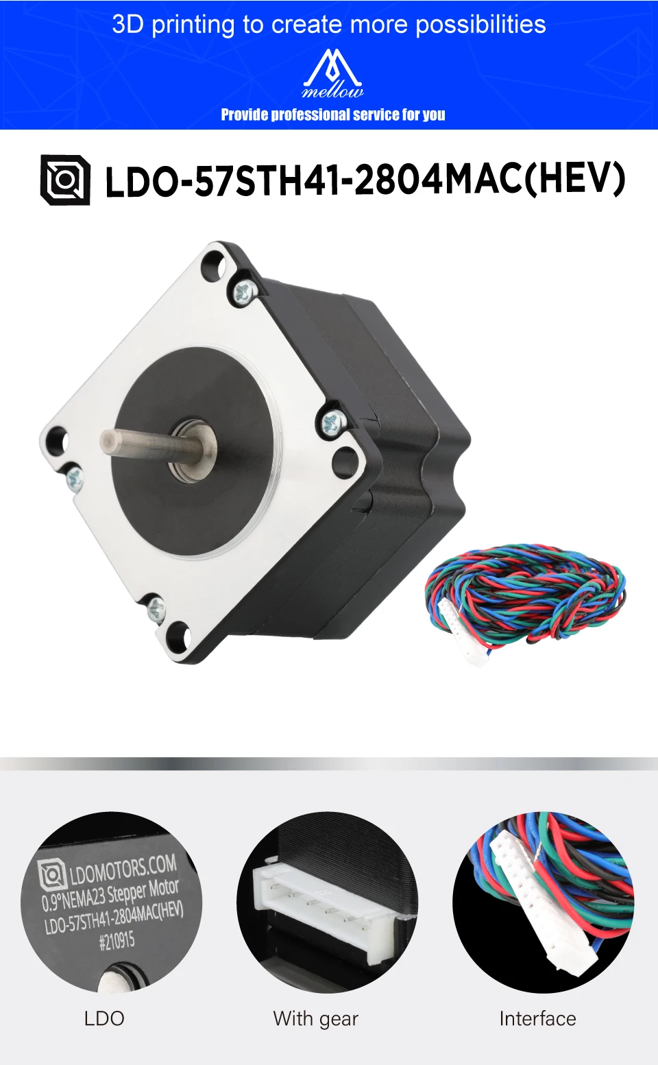 Mellow Customized 0.9° NEMA 23 LDO Stepper Motor (LDO-57STH41