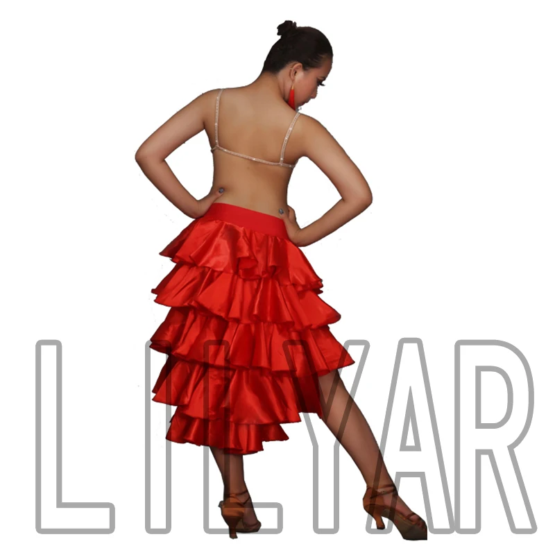 New Latin Dance Competition Performance Dress Color One Piece Red Long Hem, Shiny Diamond Black Hem