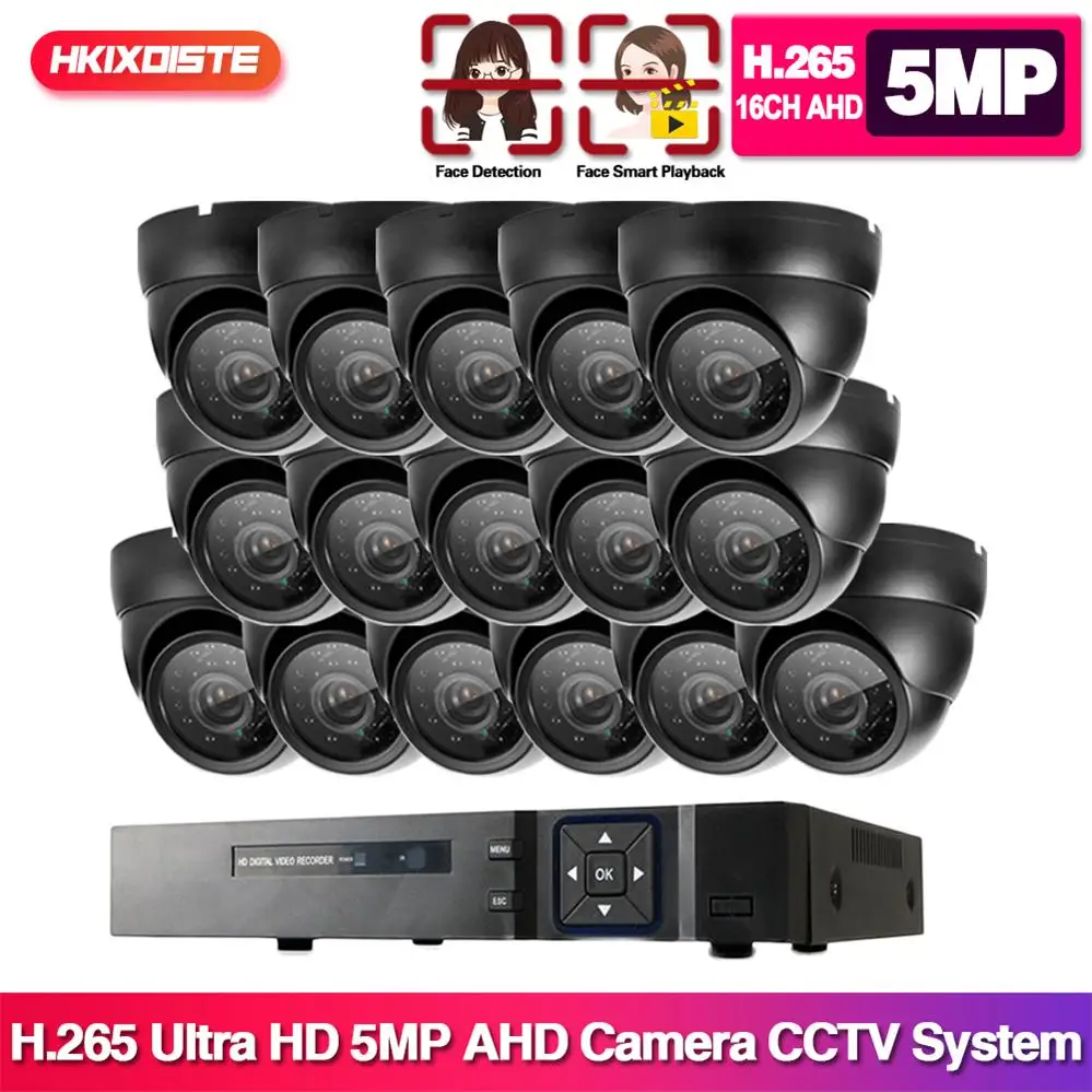 

16 Channle AHD CCTV Dome Camera Security System Kit 5MP 16CH DVR Set Indoor Home Black Camera P2P Video Surveillance Kit H.265