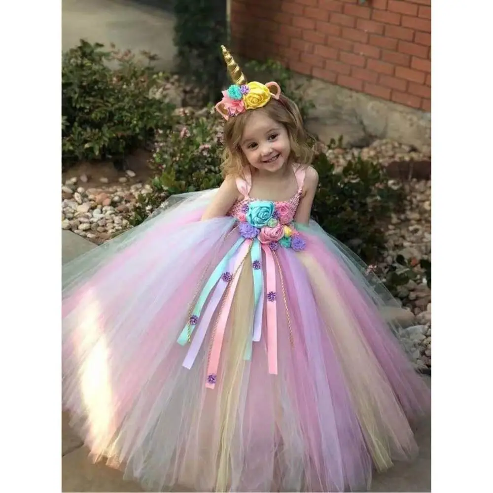 Lovely girl long dress Unicorn hair band flower dress princess, birthday party dress, evening dress