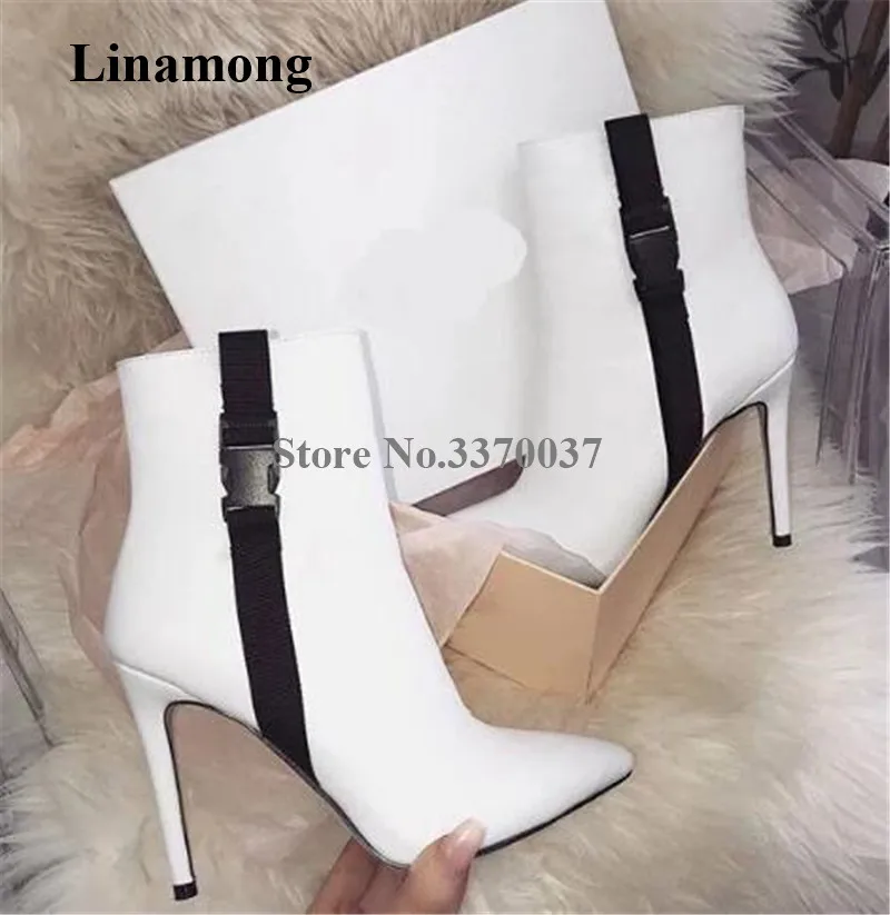 

Women Fashion Style Pointed Toe Suede Leather Buckle Decorated Stiletto Heel Short Boots White Black High Heel Ankle Booties
