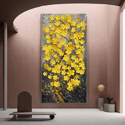 Abstract Money Tree Canvas Painting Golden Yellow Rich Tree Flower Plant Art Posters and Prints Wall Picture for Living Room