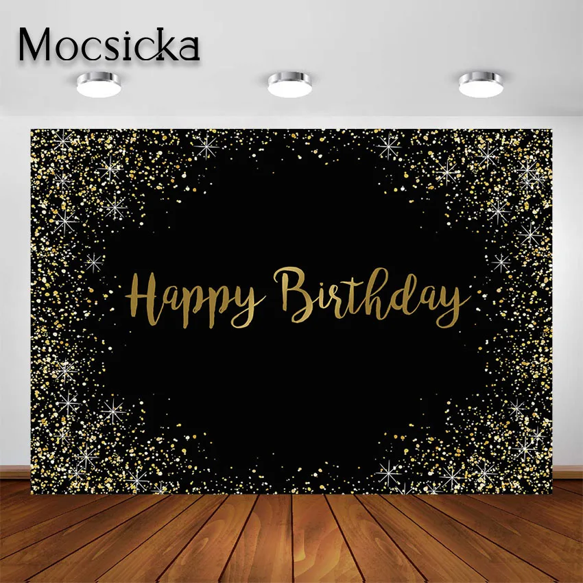 Mocsicka Black Gold Theme Birthday Party Backdrop Golden Glitter Party Decorations Happy Birthday Banner Background Photoshoot