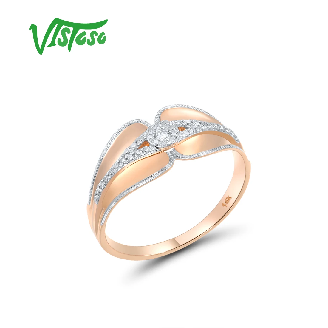 

VISTOSO Genuine 14K 585 Rose Gold Rings For Women Sparkling Diamond Delicate Cluster Rings Elegant Engagement Fine Jewelry