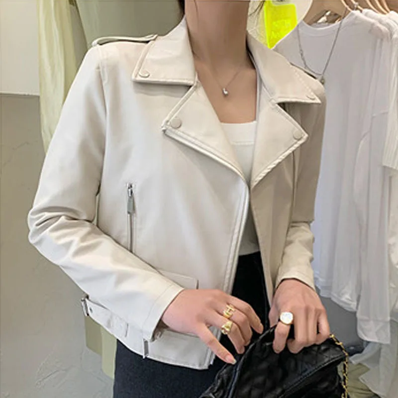 Koreański damski beżowy płaszcz ze sztucznej skóry Slim Wiosna Jesień 2024 Casual Lapel Long Sleeve Female Motorcycle Biker Jacket Veste Femme