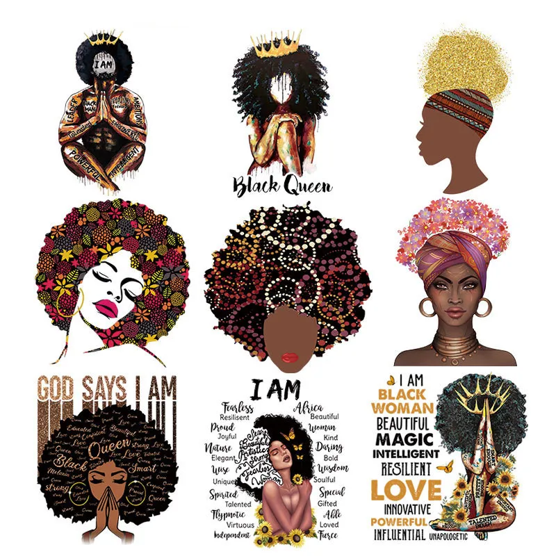 African Girl Clothes Badge Patches Heat Transfer Sweatshirts Tops Heat Press Vinyl DIY Washable Heat Patch Black CQ