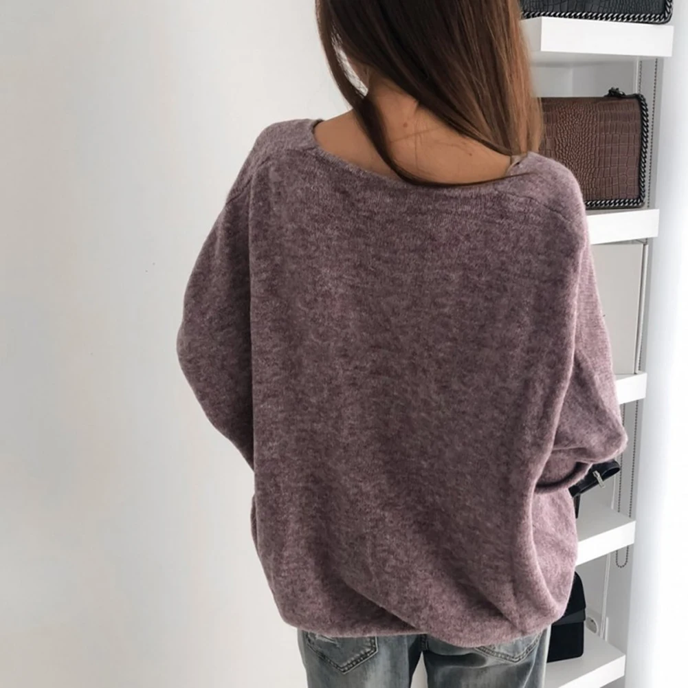 Women Autumn Loose Solid Color V Neck Long Sleeve Plush Pullover Sweater Top