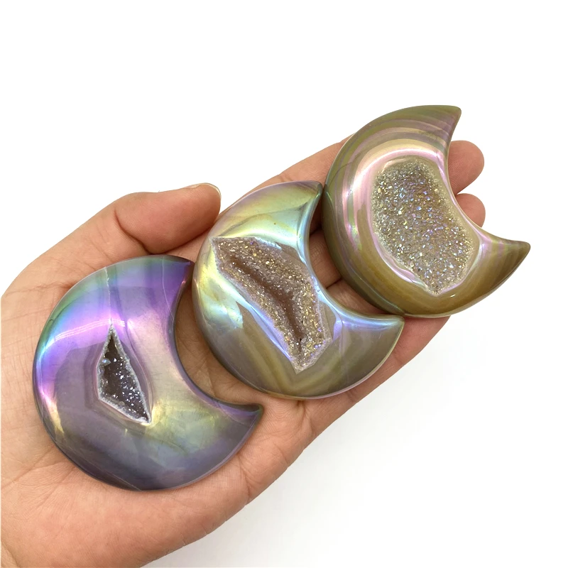 

1pc Aura Naural Agate Moon Carved Crystal Geode Quartz Figurine Healing Crystals Decor Reiki Gift Natural Quartz Crystals