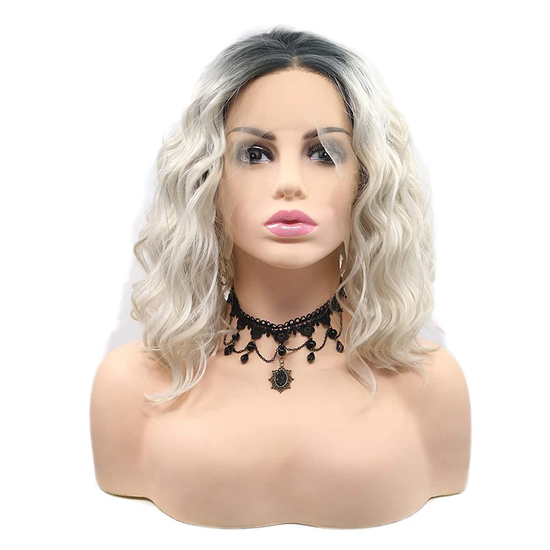 Fashion Short Bob Curly Lace Front Wigs Black Roots Ombre Blonde Synthetic Hair Wig Half Hand Tied Glueless Heat Resistant Fiber