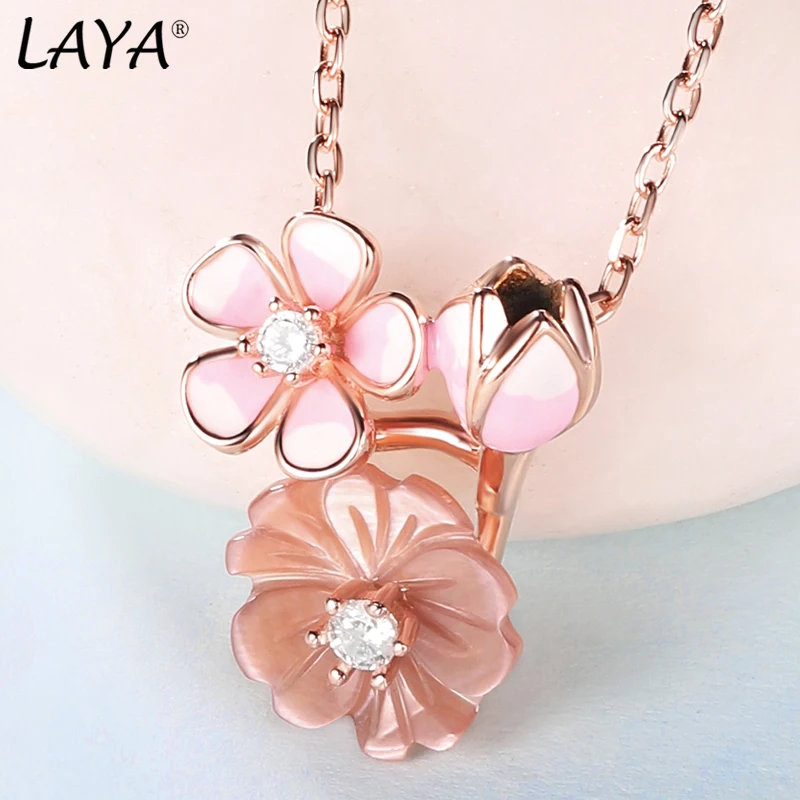 LAYA 925 Sterling Silver Shining Zircon White Pink Flower Green Leaf Enamel Necklace Earrings Ring For Bridal Wedding Jewelry