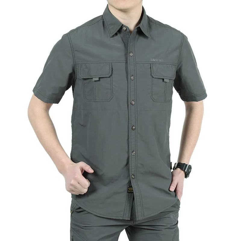 New Mens Short Sleeve Casual Cargo Shirt With Pocket Quick Dry  Waterproof Camping Hiking Tactical Military Work Shirt Plus Size