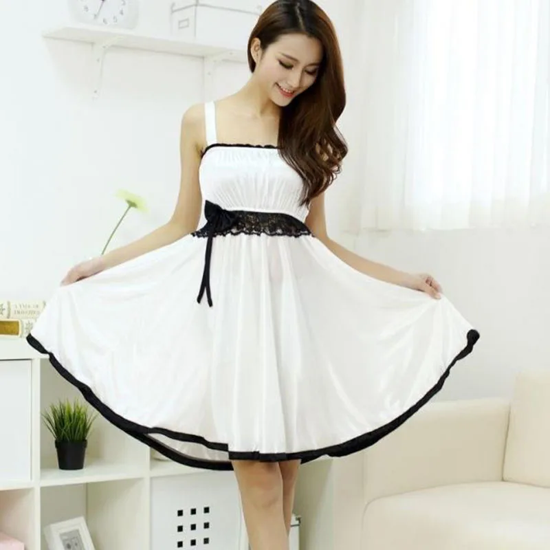 Summer Women Nightdress Sexy Lace Stitching Fashion Large size Sling Nightwear Dress Sexy Costumes Silk Home service 25