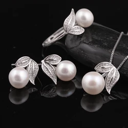 MeiBaPJ 100% real 925 sterling silver jewelry natural freshwater pearl leaf jewelry set for women